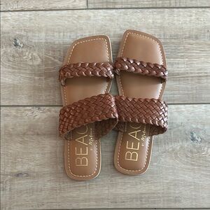 Brown Braided Flat Sandals with Open-Toe Design